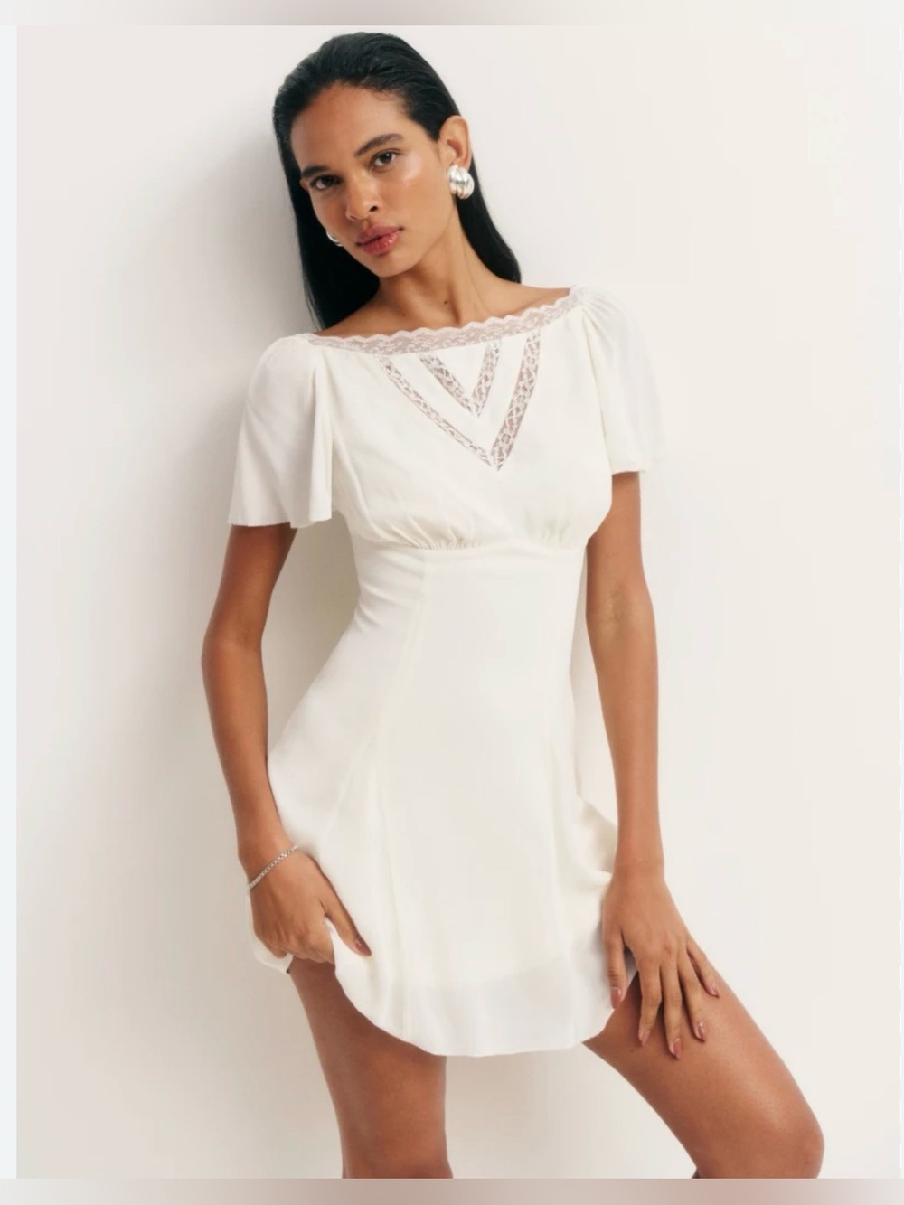 Reformation NEW Petites Malena Dress White Lace Boat Neck Flutter Sleeve 8P NWT